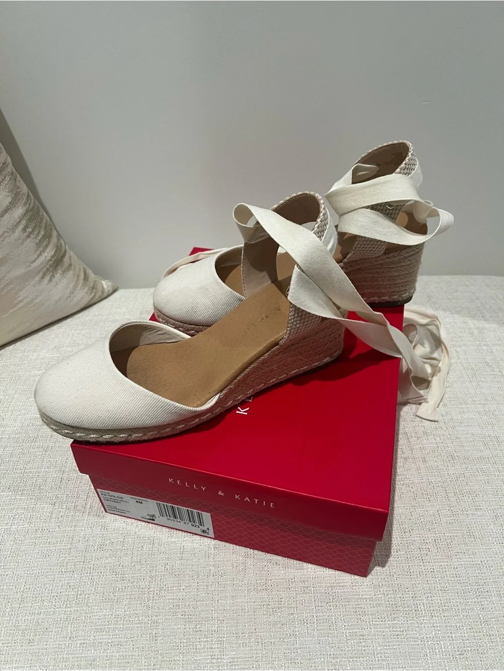 Kelly & Katie White Canvas Espadrille Wedge with Tie Straps